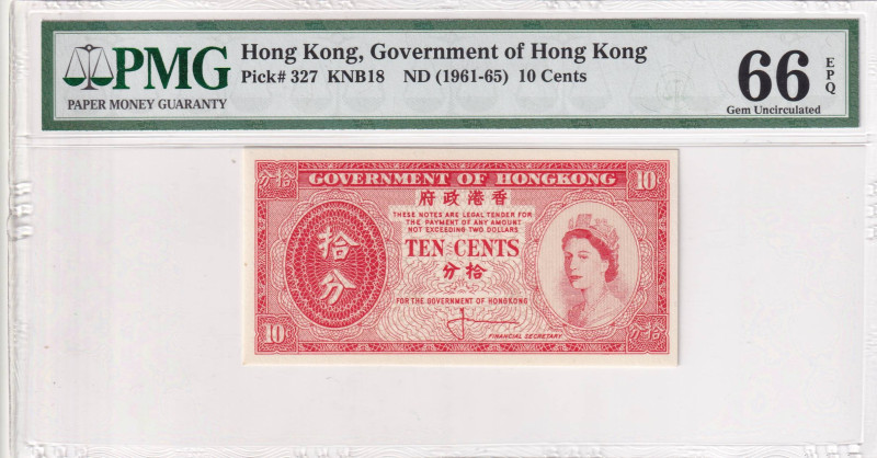 Hong Kong, 10 Cents, 1961/1965, UNC, p327

PMG 66 EPQ, Queen Elizabeth II Port...