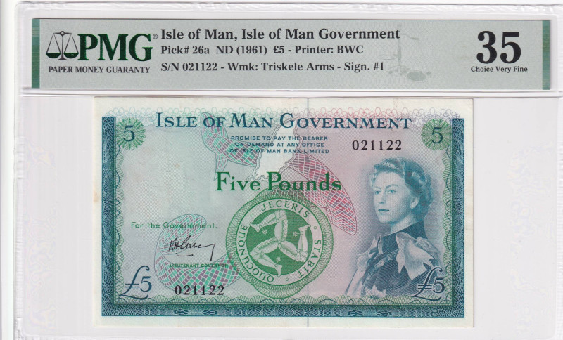 Isle of Man, 5 Pounds, 1961, VF, p26a

PMG 35, Queen Elizabeth II Portrait

...