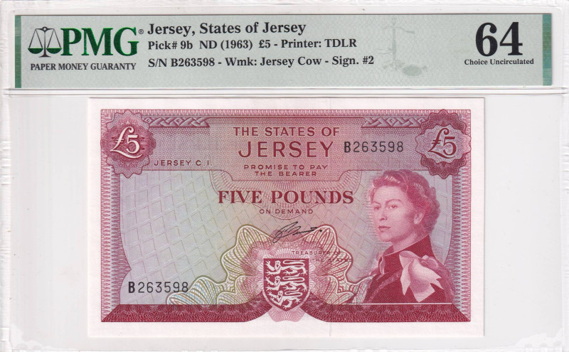 Jersey, 5 Pounds, 1963, UNC, p9b

PMG 64, Queen Elizabeth II Portrait

Estim...