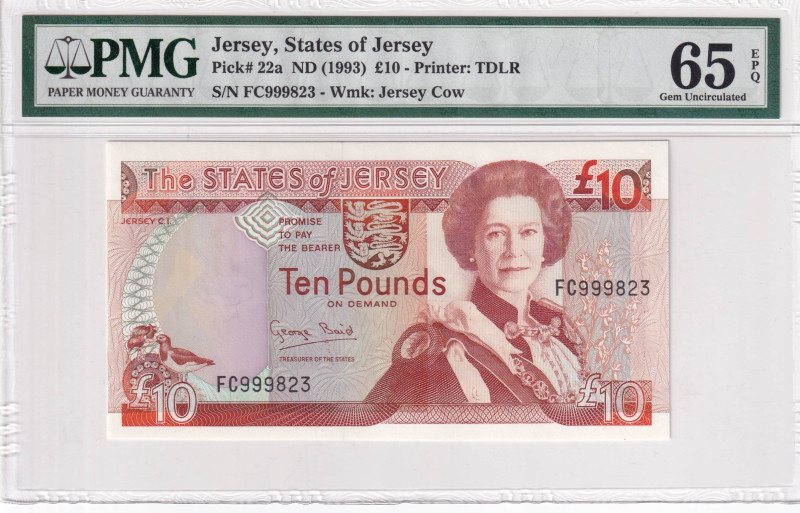 Jersey, 10 Pounds, 1993, UNC, p22a

PMG 65 EPQ, Queen Elizabeth II Portrait
...