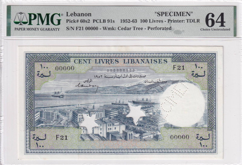 Lebanon, 100 Livres, 1952/1963, UNC, p60s2, SPECIMEN

PMG 64

Estimate: USD ...