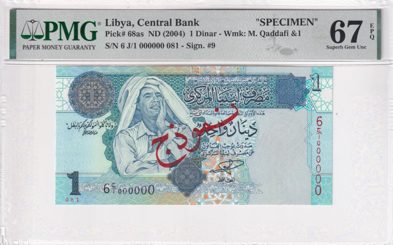 Libya, 1 Dinar, 2004, UNC, p68as, SPECIMEN

PMG 67 EPQ, High condition 

Est...