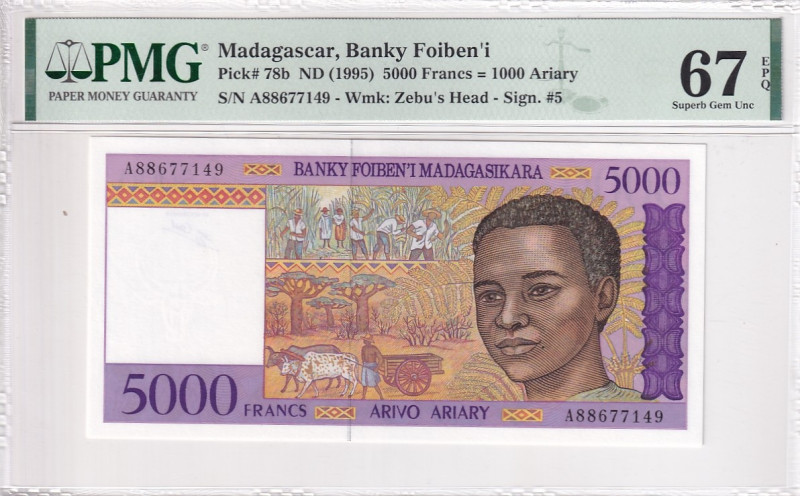 Madagascar, 5.000 Francs=1.000 Ariary, 1995, UNC, p78b

PMG 67 EPQ, High condi...