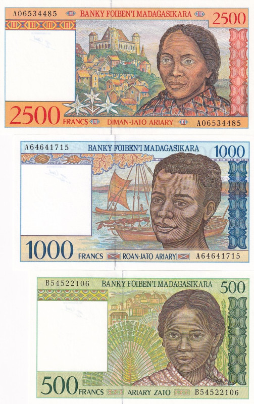 Madagascar, 500-1.000-2.500 Francs, 1998, UNC, p75; p76; p81, (Total 3 banknotes...