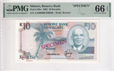 Malawi, 10 Kwacha, 1992, UNC, p26bs, SPECIMEN

PMG 66 EPQ

Estimate: USD 300-600