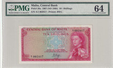 Malta, 10 Shilings, 1967, UNC, p28a

PMG 64, Queen Elizabeth II Portrait

Estimate: USD 150-300