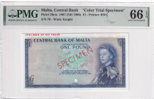 Malta, 1 Pound, 1967, UNC, p29cts, SPECIMEN

PMG 66 EPQ, Queen Elizabeth II. Potrait, Color trial specimen

Estimate: USD 750-1.500