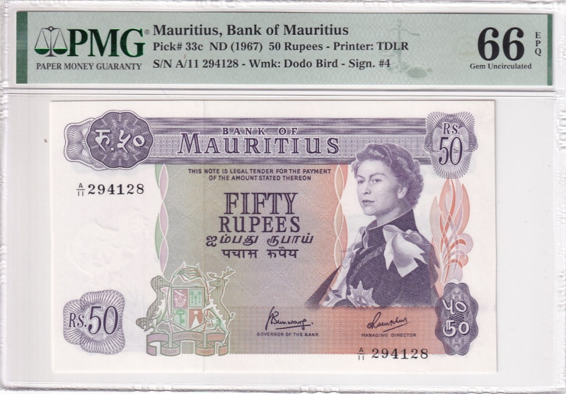 Mauritius, 50 Rupees, 1967, UNC, p33c

PMG 66 EPQ, Queen Elizabeth II. Potrait...