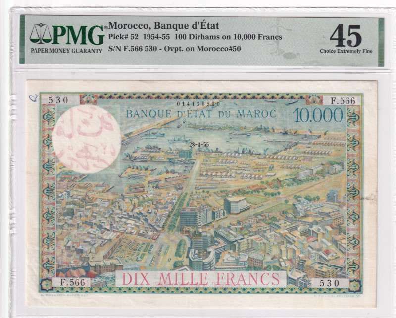 Morocco, 100 Dirhams on 10.000 Francs, 1954/19555, XF, p52

PMG 45

Estimate...