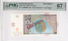 North Macedonia, 50 Denari, 1996, UNC, p15as, SPECIMEN

PMG 67 EPQ, High condition 

Estimate: USD 50-100