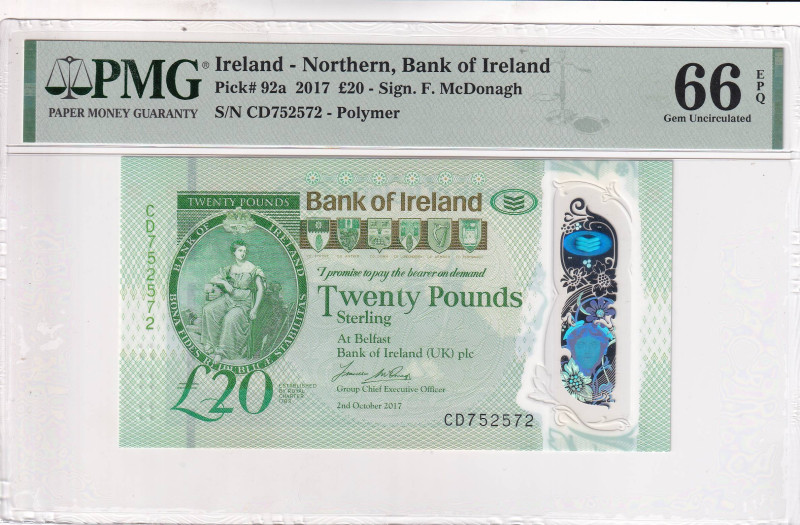 Northern Ireland, 20 Pounds, 2017, UNC, p92a

PMG 66 EPQ, Polymer

Estimate:...