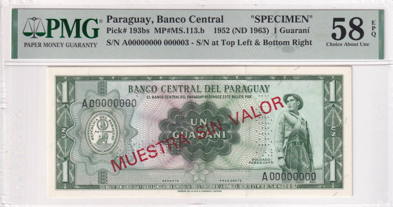 Paraguay, 1 Guarani, 1963, AUNC, p193bs, SPECIMEN

PMG 58 EPQ

Estimate: USD...