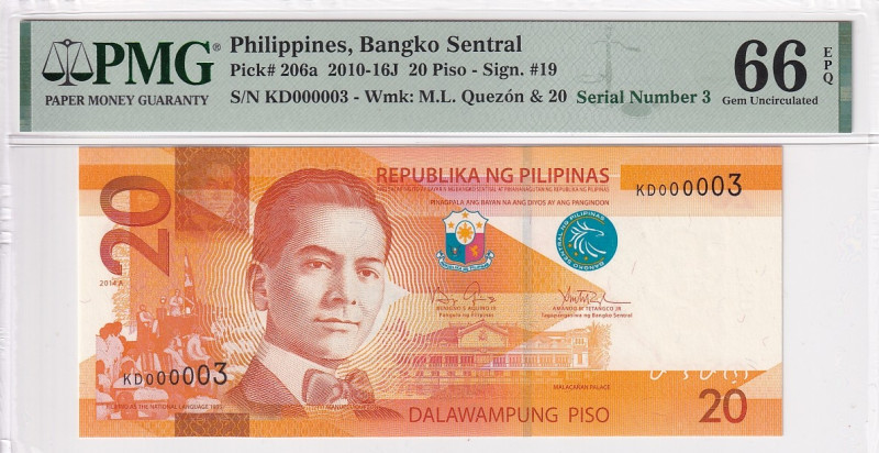 Philippines, 20 Piso, 2010, UNC, p206a

PMG 66 EPQ, Top 10 Serial Numbers

E...