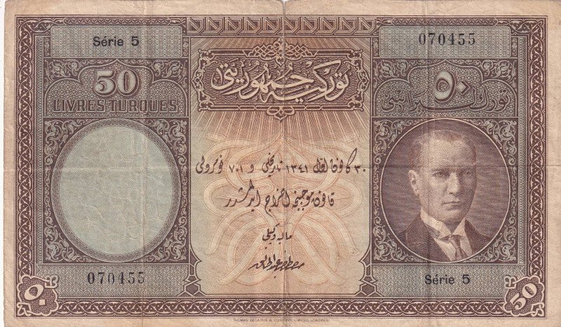 Turkey, 50 Livres, 1927, FINE, p122, 1. Emission

Split, rips and stains

Es...