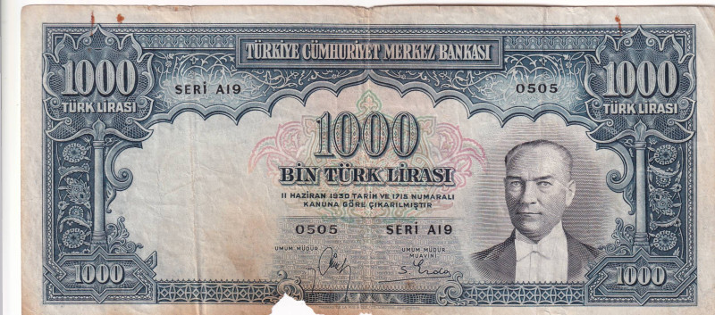 Turkey, 1.000 Lira, 1939, FAIR, p132, 2.Emission

There is a break in the lowe...