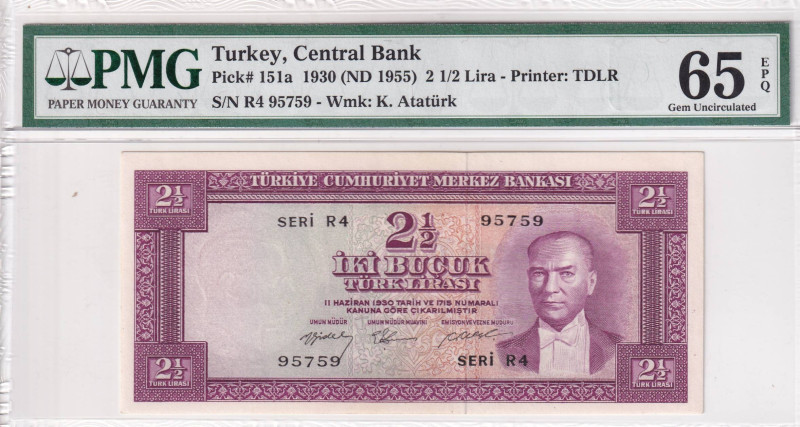 Turkey, 2 1/2 Lira, 1955, UNC, p151, 5.Emission

PMG 65 EPQ

Estimate: USD 4...