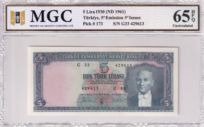 Turkey, 5 Lira, 1961, UNC, p173a, 5.Emission

PMG 65 HPQ

Estimate: USD 200-...