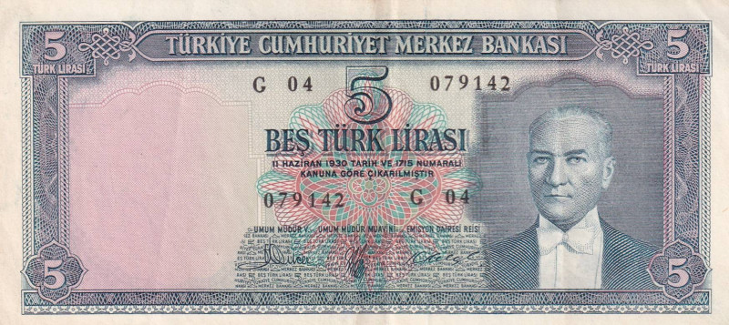 Turkey, 5 Lira, 1961, XF, p173a, 5.Emission

Natural, Light stained

Estimat...