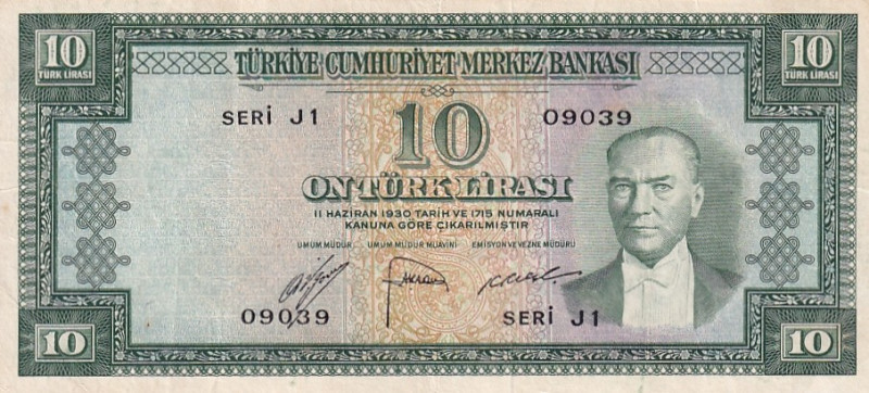 Turkey, 10 Lira, 1952, XF, p156, 5.Emission

Natural, Light stained

Estimat...