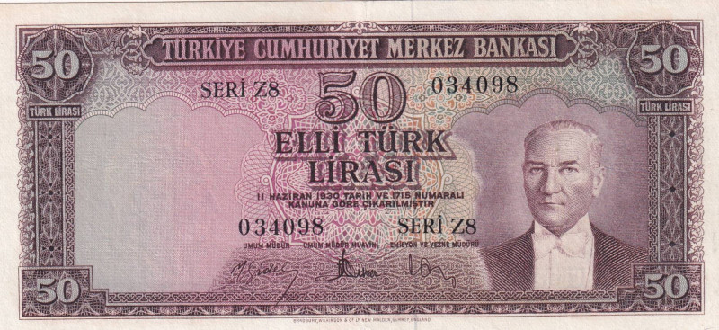 Turkey, 50 Lira, 1957, VF(+), p165, 5.Emission

Estimate: USD 50-100