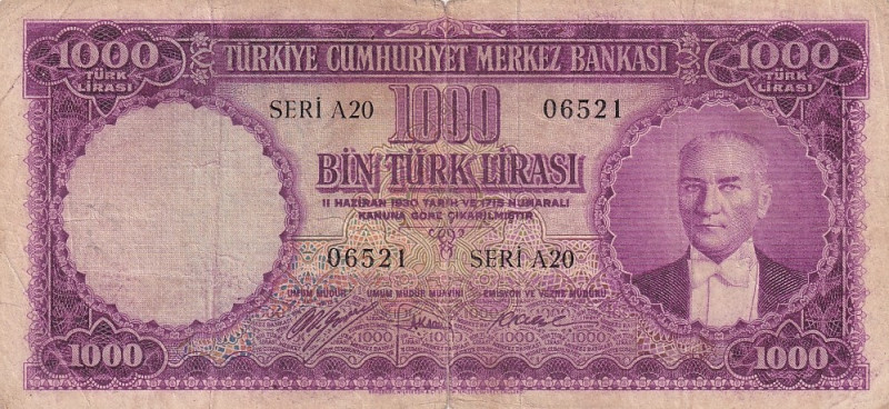 Turkey, 1.000 Lira, 1953, FINE, p172, 5.Emission

Split, rips and stains

Es...