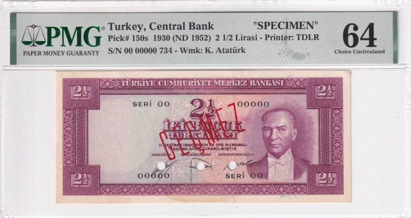 Turkey, 2 1/2 Lira, 1952, UNC, p150s, 5.Emission

PMG 64, SPECIMEN

Estimate...