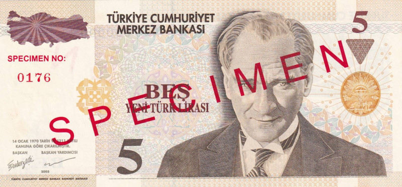 Turkey, 5 New Lira, 2005, UNC, p217s, 8. Emisyon

SPECIMEN

Estimate: USD 60...