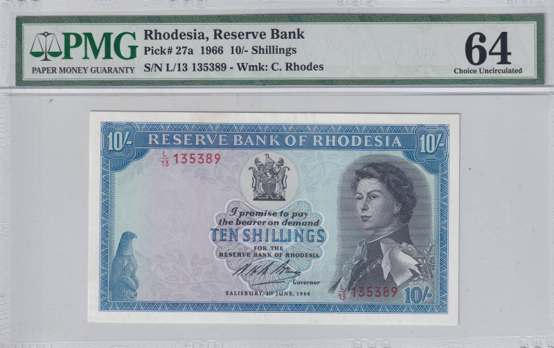 Rhodesia, 10 Shilings, 1966, UNC, p27a

PMG 64, Queen Elizabeth II Portrait
...