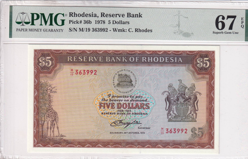 Rhodesia, 5 Dollars, 1978, UNC, p36b

PMG 67 EPQ, High condition 

Estimate:...