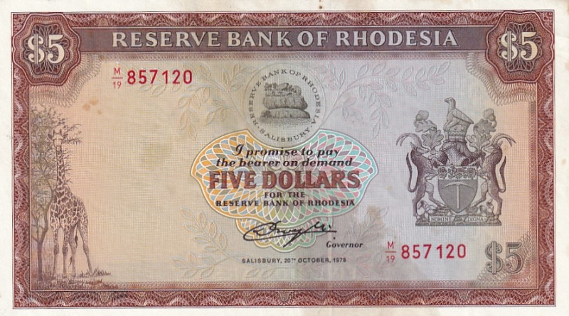 Rhodesia, 5 Dollars, 1979, UNC(-), p36b

Stained, Light handling

Estimate: ...