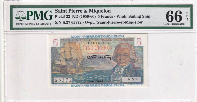 Saint Pierre & Miquelon, 5 Francs, 1950/1960, UNC, p22a

PMG 66 EPQ

Estimat...