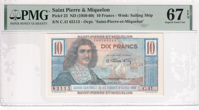 Saint Pierre & Miquelon, 10 Francs, 1950\1960, UNC, p23

PMG 67 EPQ, High cond...