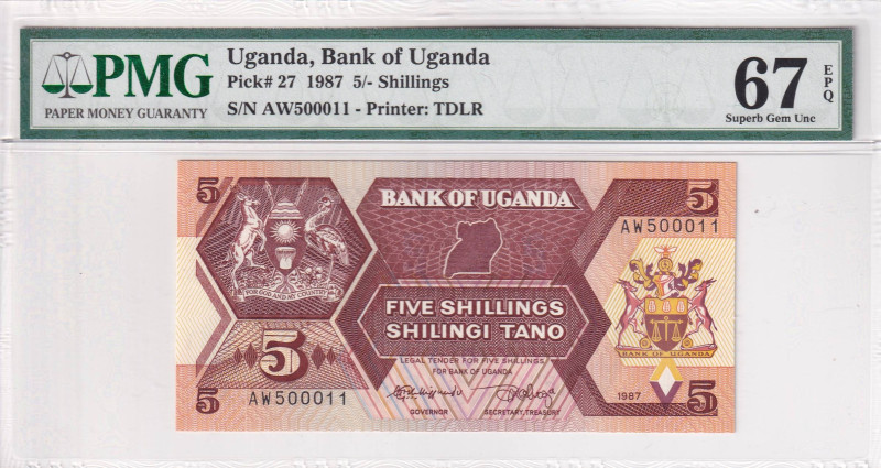 Uganda, 5 Shillings, 1987, UNC, p27

PMG 67, High condition

Estimate: USD 2...