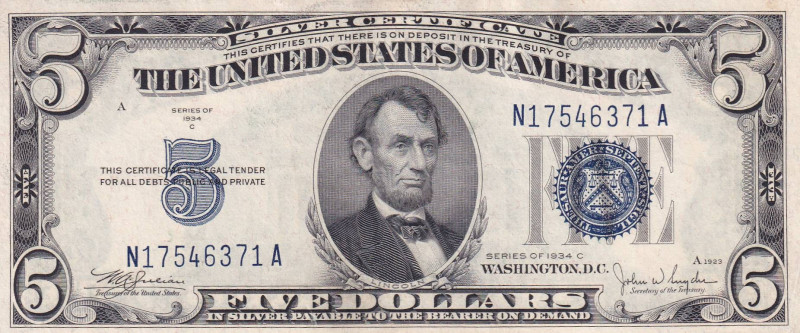 United States of America, 5 Dollars, 1934, UNC, p414Ac

Silver Certificate - b...