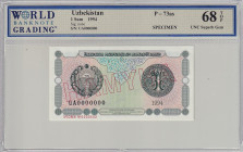Uzbekistan, 1 Som, 1994, UNC, p73as, SPECIMEN

WBG 68 TOP

Estimate: USD 40-80