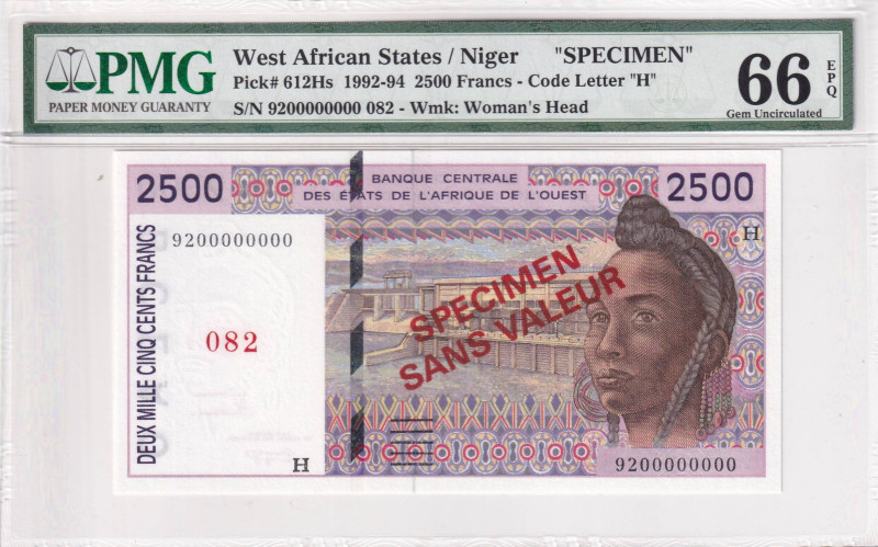 West African States, 2500 Francs, 1992/1994, UNC, p612Hs, SPECIMEN

PMG 66 EPQ...