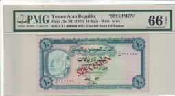 Yemen Arab Republic, 10 Rials, 1973, UNC, p13s, SPECIMEN

PMG 66 EPQ

Estimate: USD 500-1.000