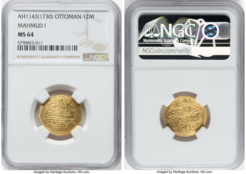 Ottoman Empire. Mahmud I gold Zeri Mahbub AH 1143 (1730) MS64 NGC, Misr mint, KM...