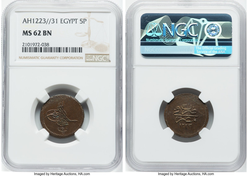 Ottoman Empire. Mahmud II 5 Para AH 1223 Year 31 (1838/1839) MS62 Brown NGC, KM1...