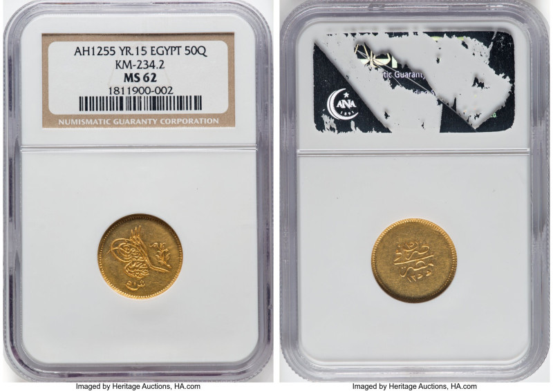 Ottoman Empire. Abdul Mejid gold 50 Qirsh AH 1255 Year 15 (1852/1853) MS62 NGC, ...