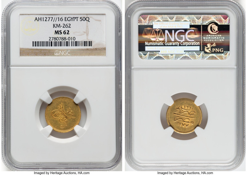 Ottoman Empire. Abdul Aziz gold 50 Qirsh AH 1277 Year 16 (1875/1876) MS62 NGC, M...