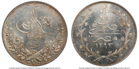 Ottoman Empire. Abdul Hamid II Proof 20 Qirsh AH 1293 Year 29 (1903)-W PR65 PCGS, Misr (Cairo) mint, KM296. Struck from dies engraved in Berlin. An en...
