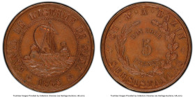 Abdul Aziz copper "Suez Canal" 5 Francs Token 1865 MS65 Brown PCGS, KM-Tn4. Issuer: Ch. & A. Bazin. When moved even slightly in the light, a neon-flam...