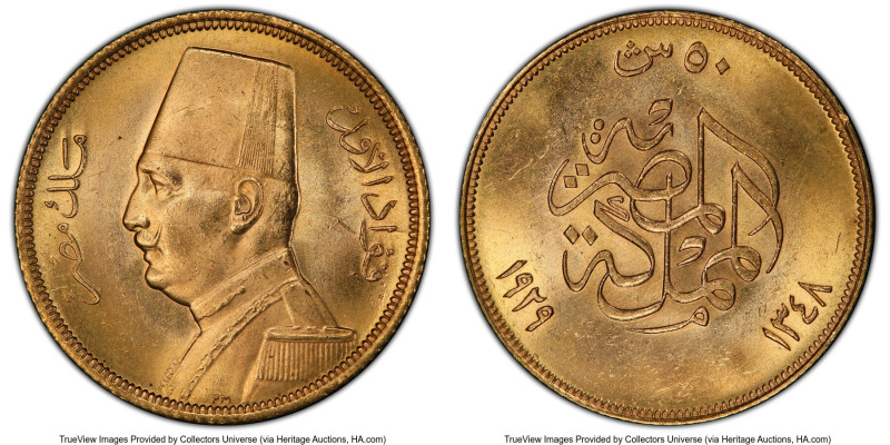 Fuad I gold 50 Piastres AH 1348 (1929) MS64 PCGS, Royal mint, KM353. First date ...