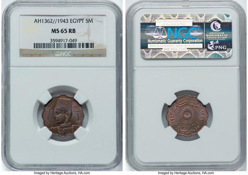 Farouk 5 Milliemes AH 1362 (1943) MS65 Red and Brown NGC, British Royal mint, KM...