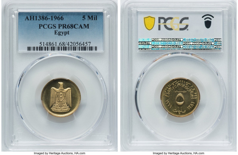 United Arab Republic Proof 5 Milliemes AH 1386 / 1966 PR68 Cameo PCGS, KM394. HI...