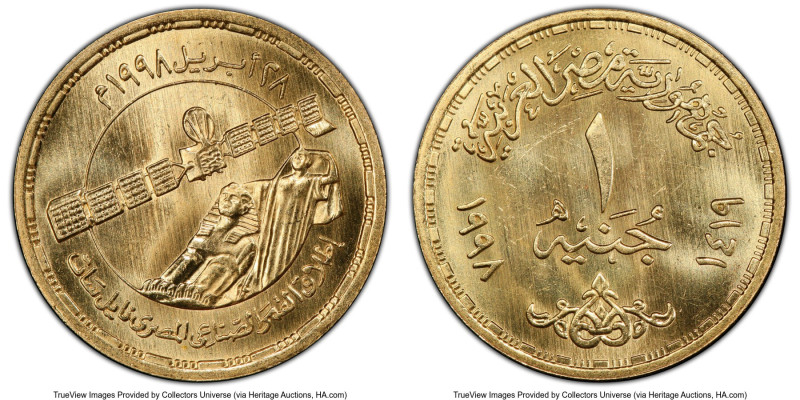 Arab Republic gold "Nilesat" Pound AH 1419 / 1998 MS65 PCGS, Cairo mint, KM952. ...