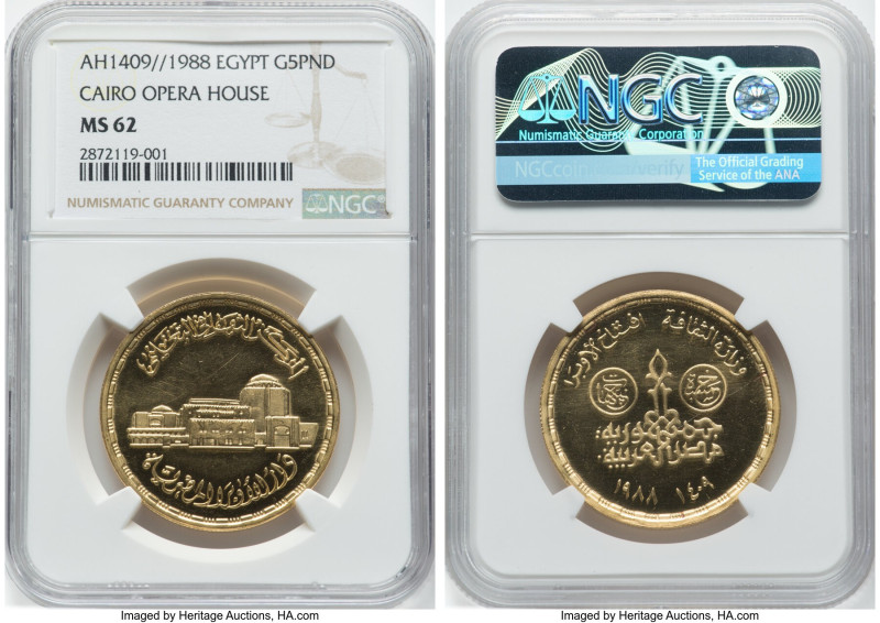 Arab Republic gold "Cairo Opera House" 5 Pounds AH 1409 / 1988 MS62 NGC, KM655. ...