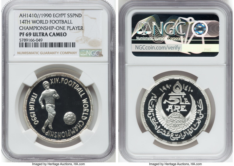 Arab Republic silver Proof "14th World Football Championship" 5 Pounds AH 1410 /...