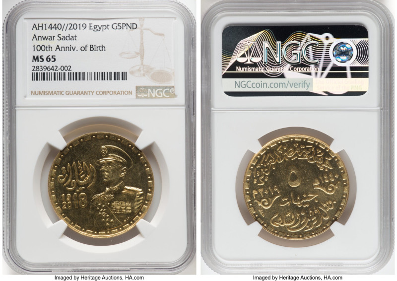 Arab Republic gold "Anwar Sadat - 100th Anniversary of Birth" 5 Pounds AH 1440 /...